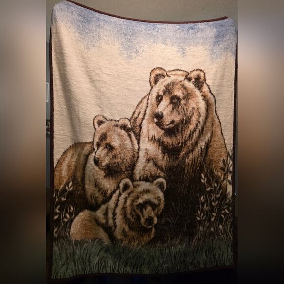 Vtg Bear And Cubs Fuzzy Blanket Made In Germany 57x73 Cottahecore Farmhouse - Picture 1 of 8